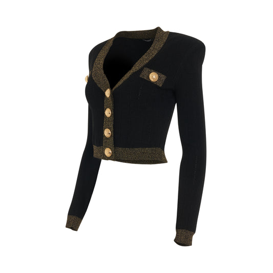 Gold Edge Buttoned Knit Cropped Cardigan in Black/Gold