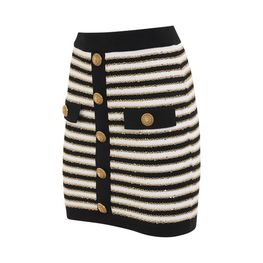 Buttoned Striped Knit Skirt in Black/White/Gold