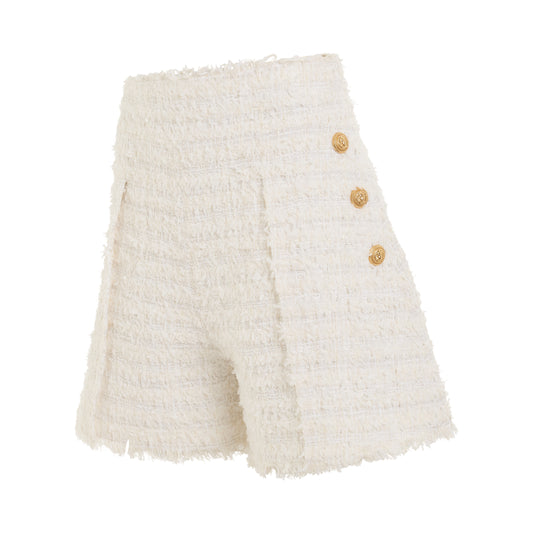 High Waisted 6 Button Tweed Shorts in White