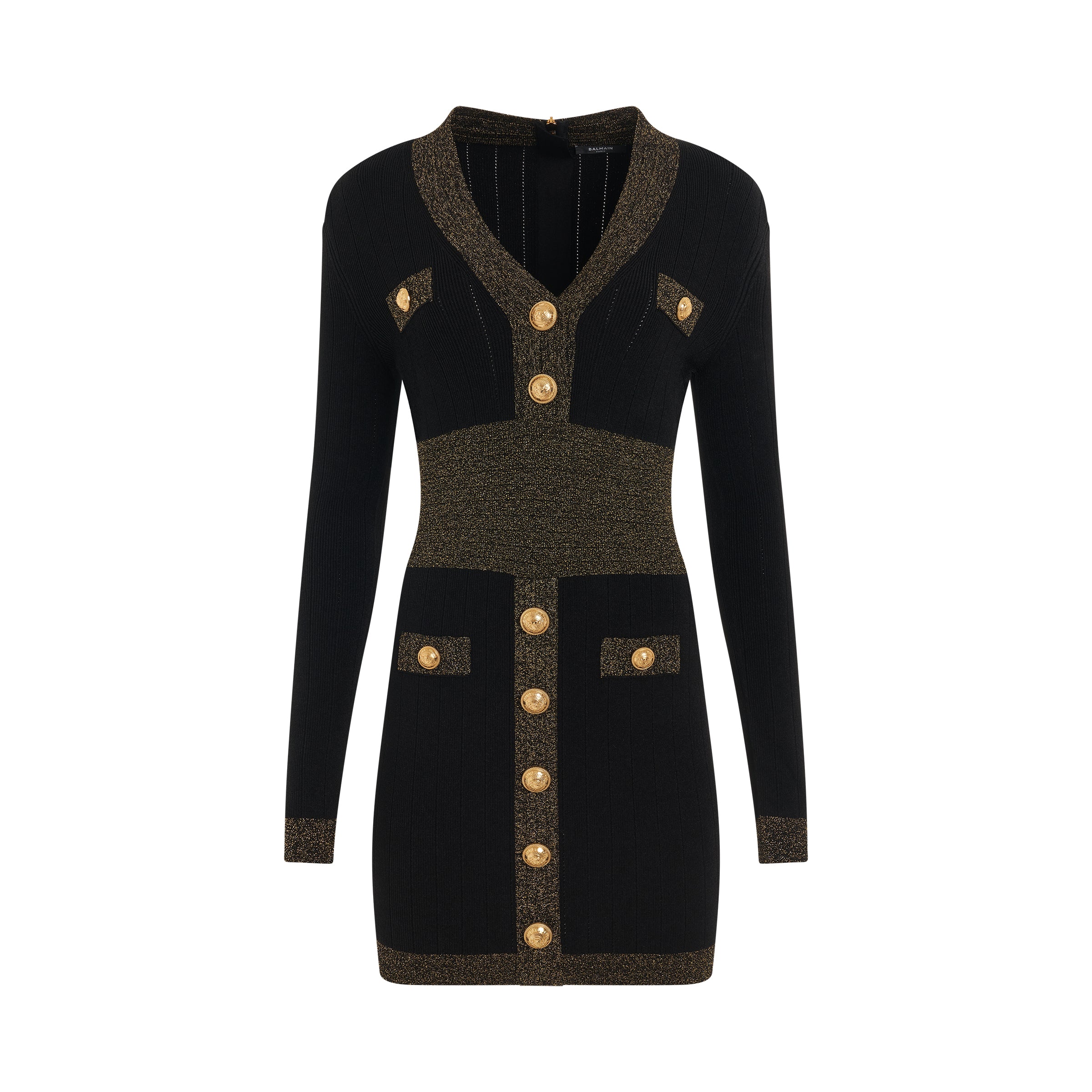 Long Sleeve V-Neck Golden Edge Knit Dress in Black/Gold