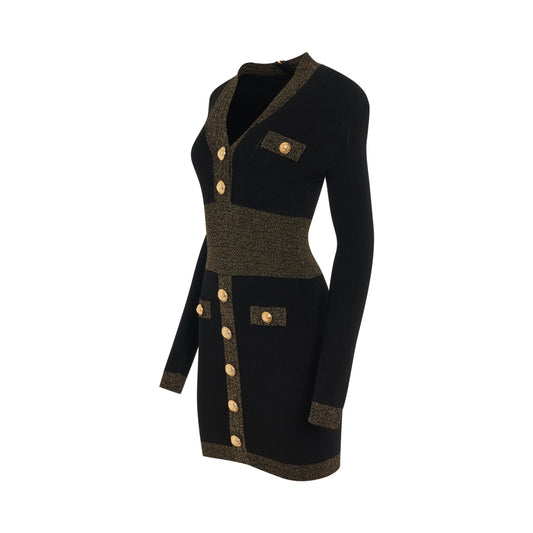 Long Sleeve V-Neck Golden Edge Knit Dress in Black/Gold