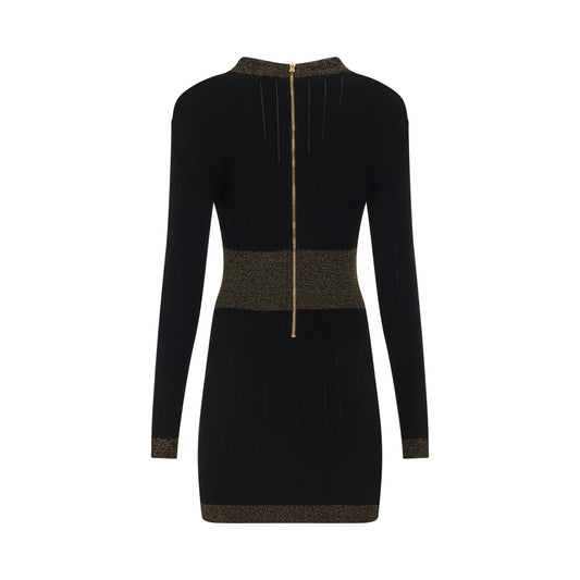 Long Sleeve V-Neck Golden Edge Knit Dress in Black/Gold