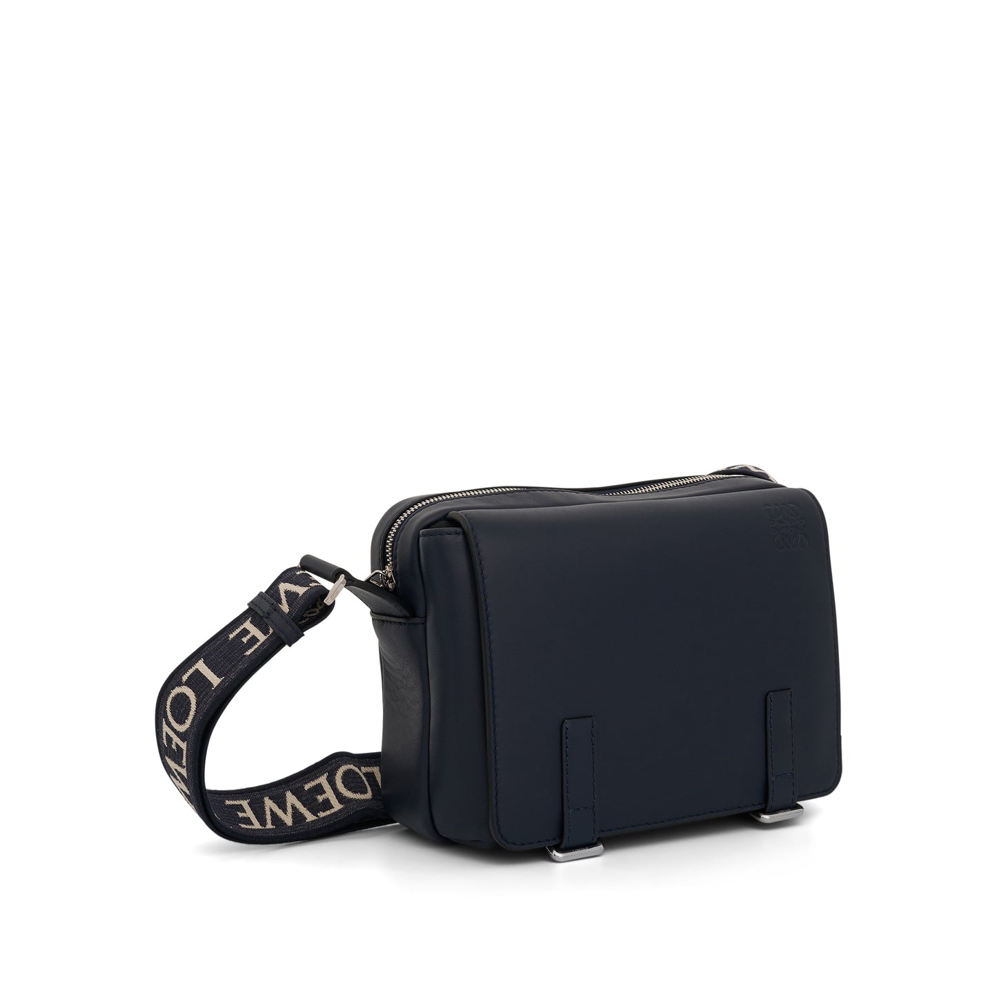 XS Military Messenger Bag in Supple Smooth Calfskin and Jacquard Strap in Deep Navy