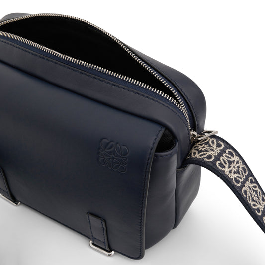 XS Military Messenger Bag in Supple Smooth Calfskin and Jacquard Strap in Deep Navy