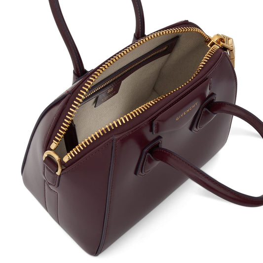 Mini Antigona Bag in Box Leather with GHW in Oxblood Red