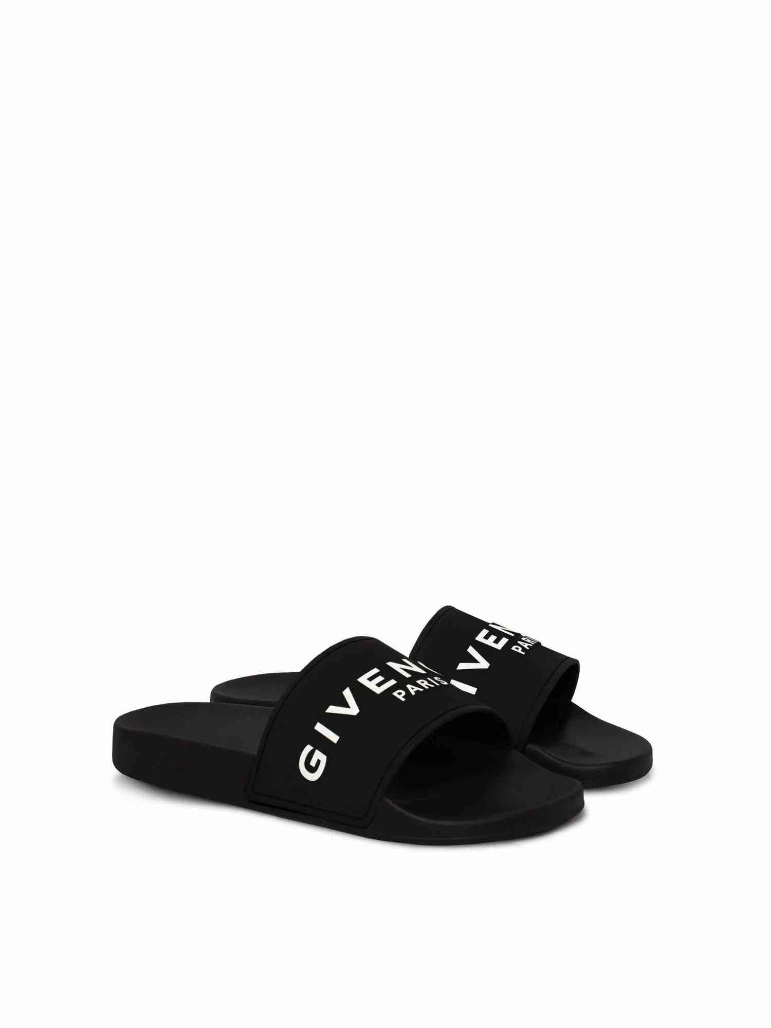 Logo Flat Sandal with Raised Logo in Black Front View | GIVENCHY