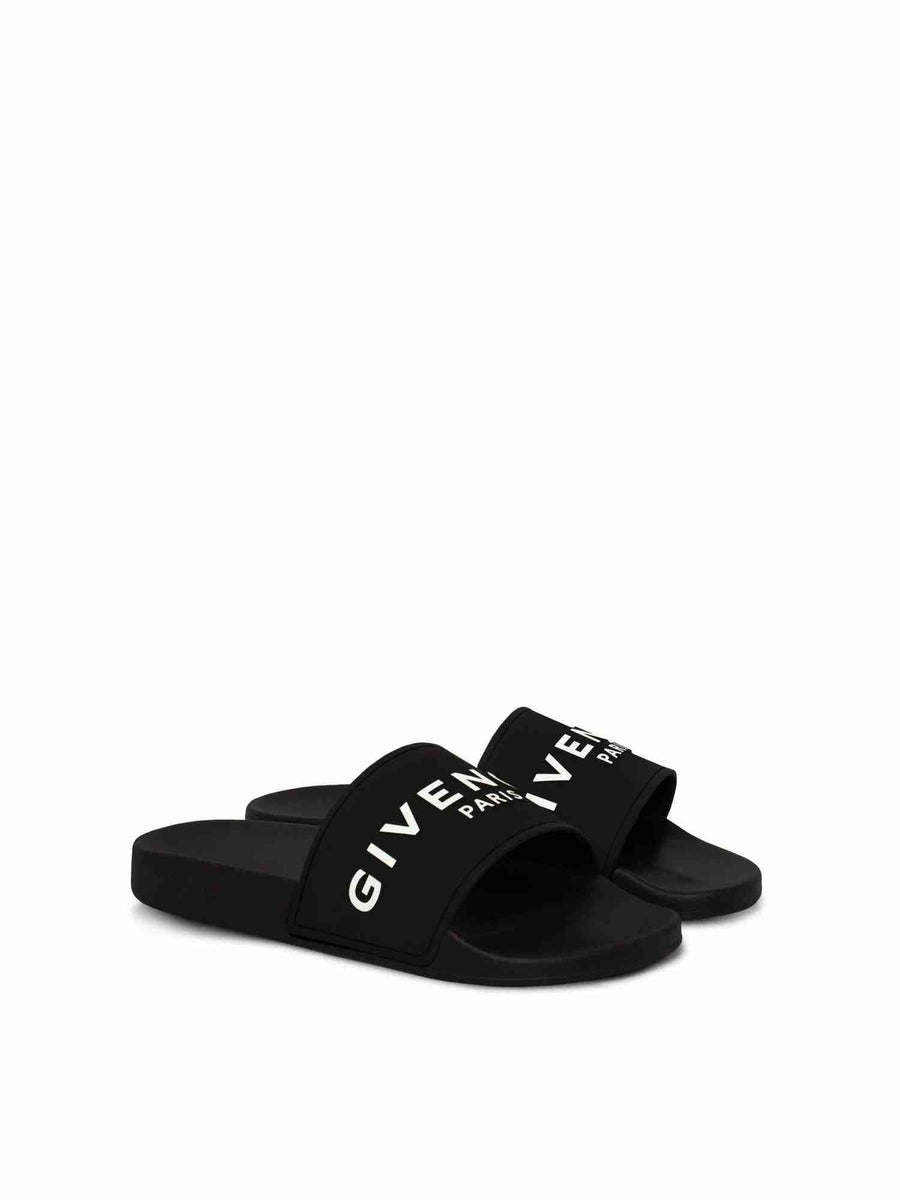 Logo Flat Sandal with Raised Logo in Black Front View | GIVENCHY