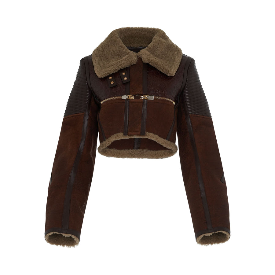 Shearling Biker Jacket in Beige/Brown