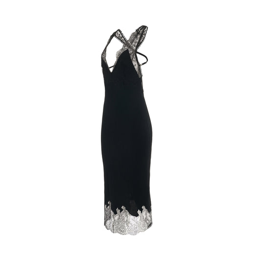 Stretch Crepon Lace Dress in Black