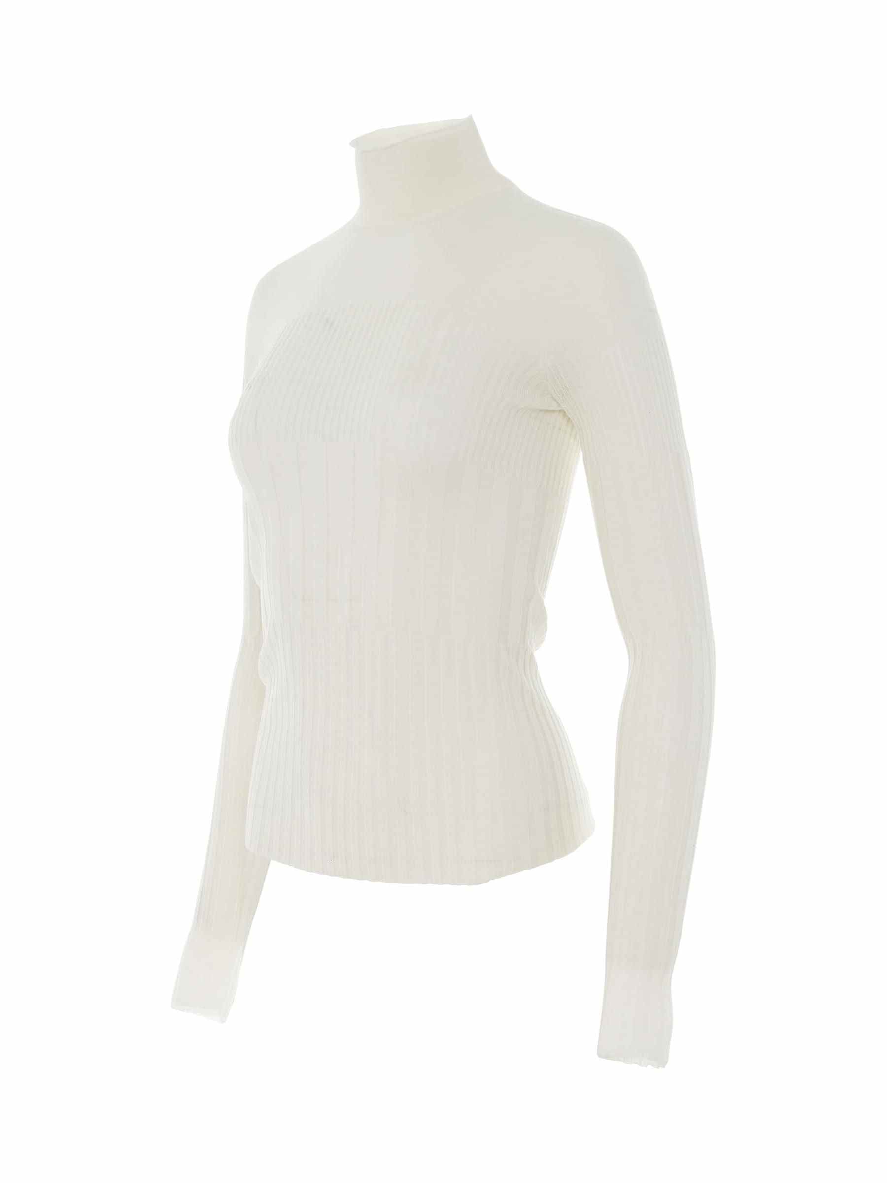 Long Sleeve Cyclist Neck Ribbed Sweater in Ivory