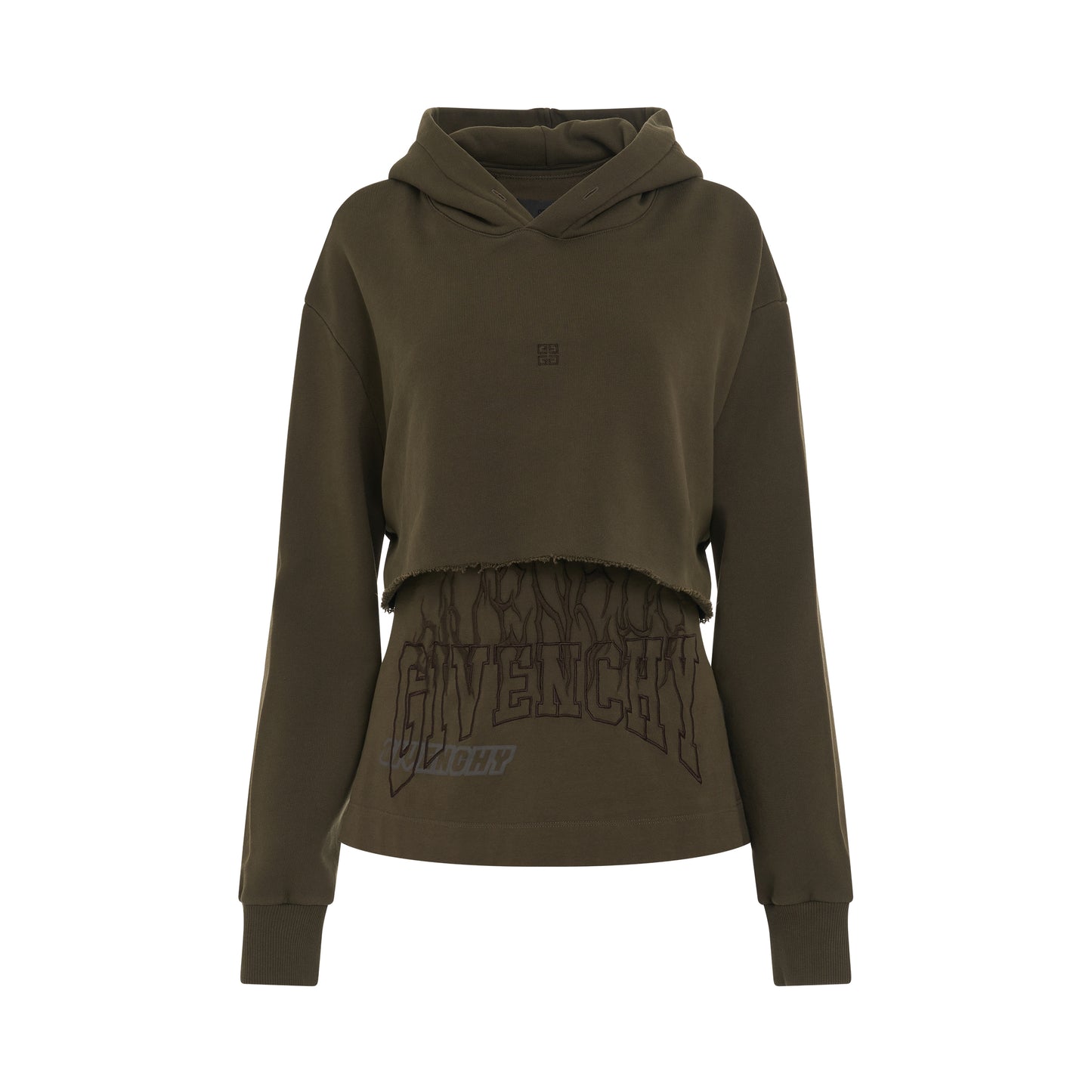 Fire Embroidered Logo Layered Hoodie in Military Green