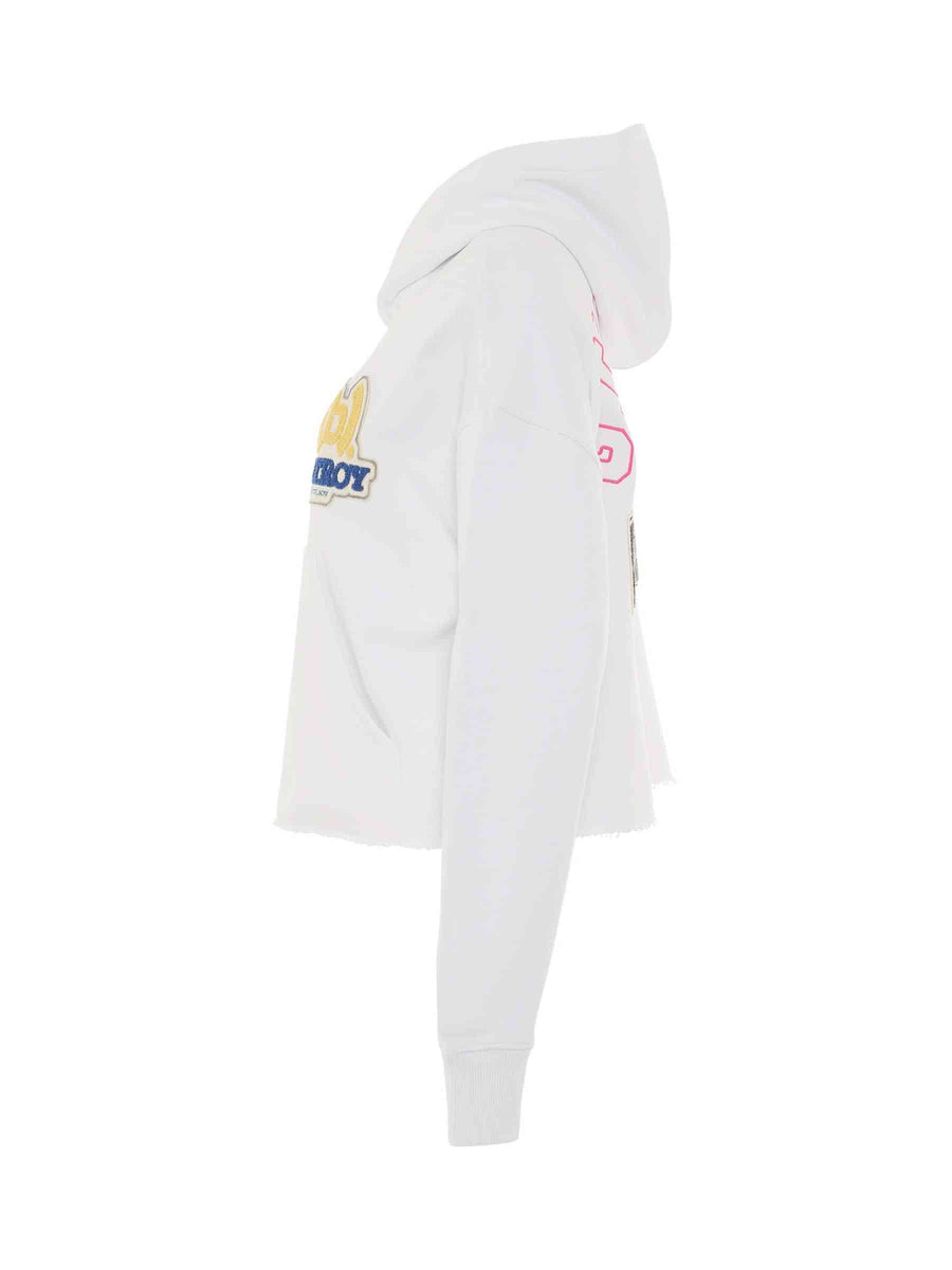BSTROY Embroidered Patch Cropped Hoodie in White