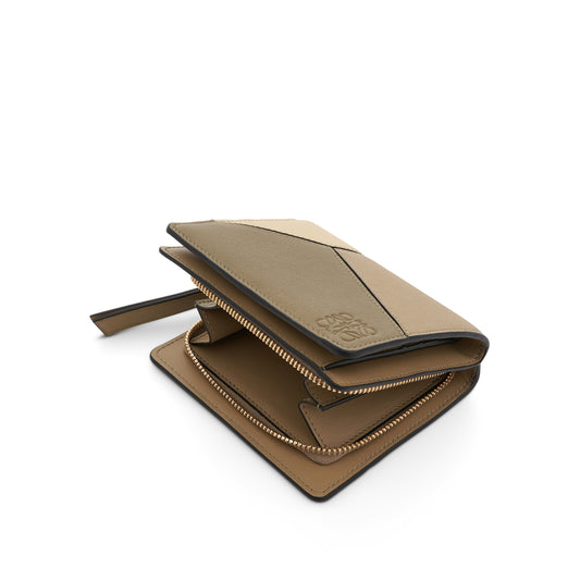 Puzzle Compact Zip Wallet in Classic Calfskin in Clay Green/Butter