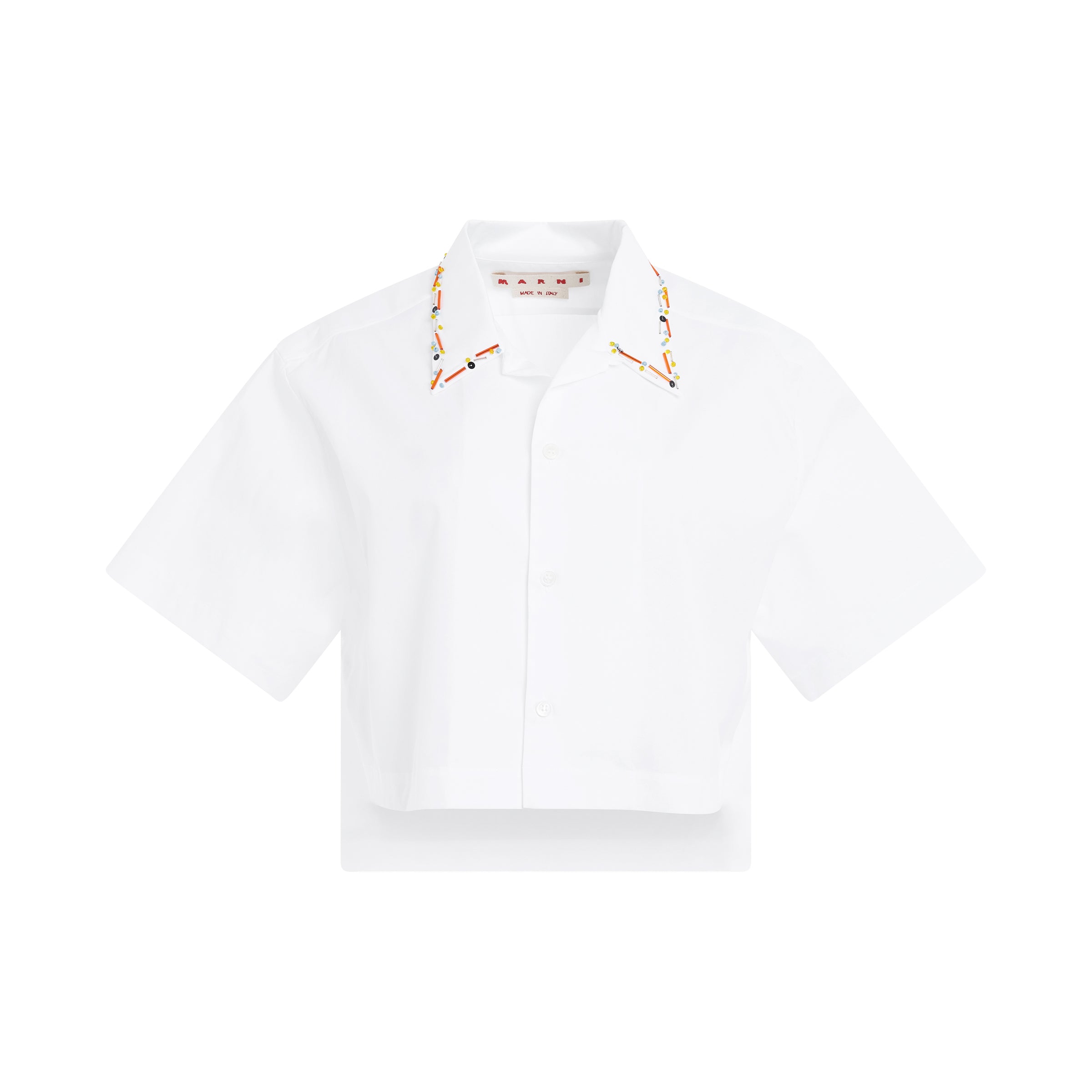 Beaded Collar Cropped Bowling Shirt in Lily White