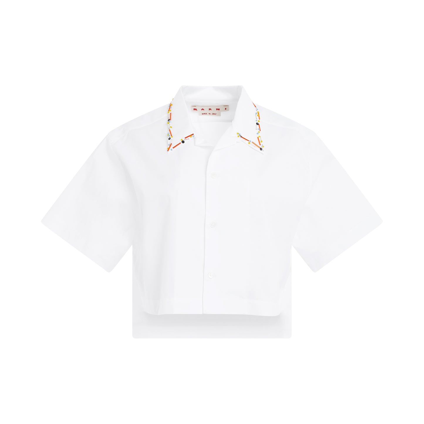 Beaded Collar Cropped Bowling Shirt in Lily White