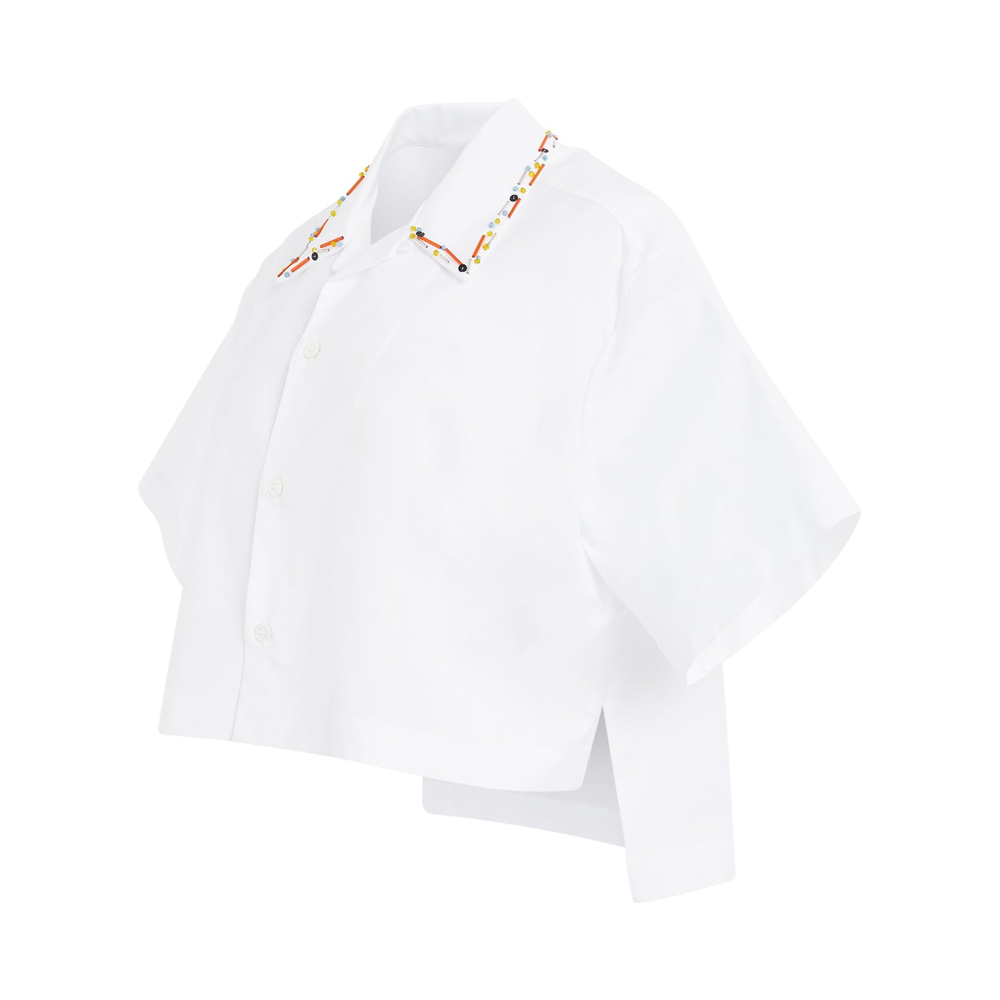 Beaded Collar Cropped Bowling Shirt in Lily White