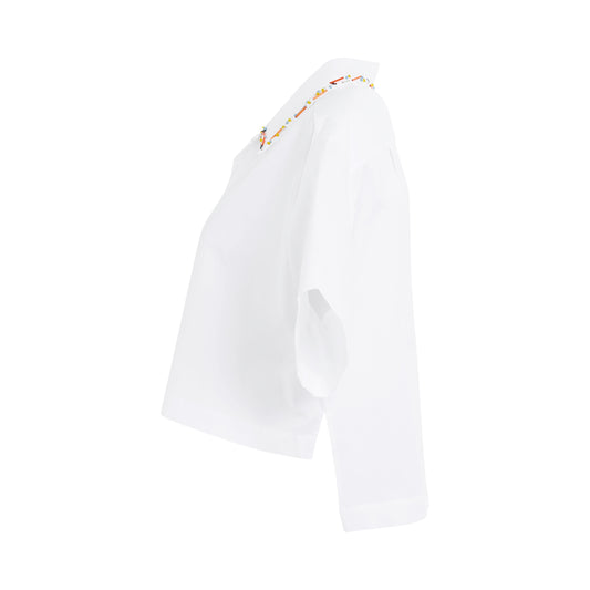 Beaded Collar Cropped Bowling Shirt in Lily White