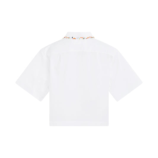 Beaded Collar Cropped Bowling Shirt in Lily White