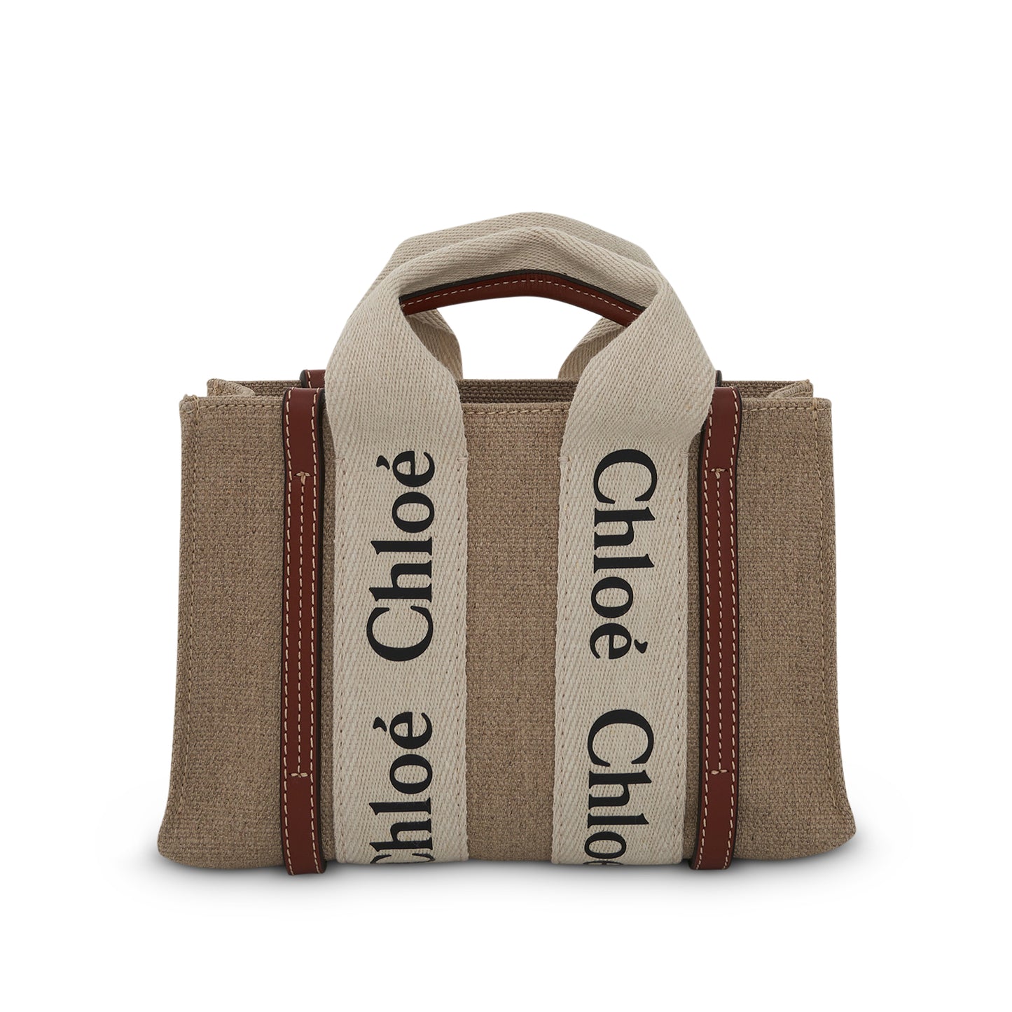 Mini Woody Tote Bag with Strap in White/Brown