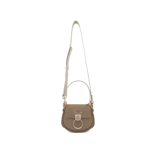 Small Tess Bag in Linen Canvas & Shiny Calfskin in Sand