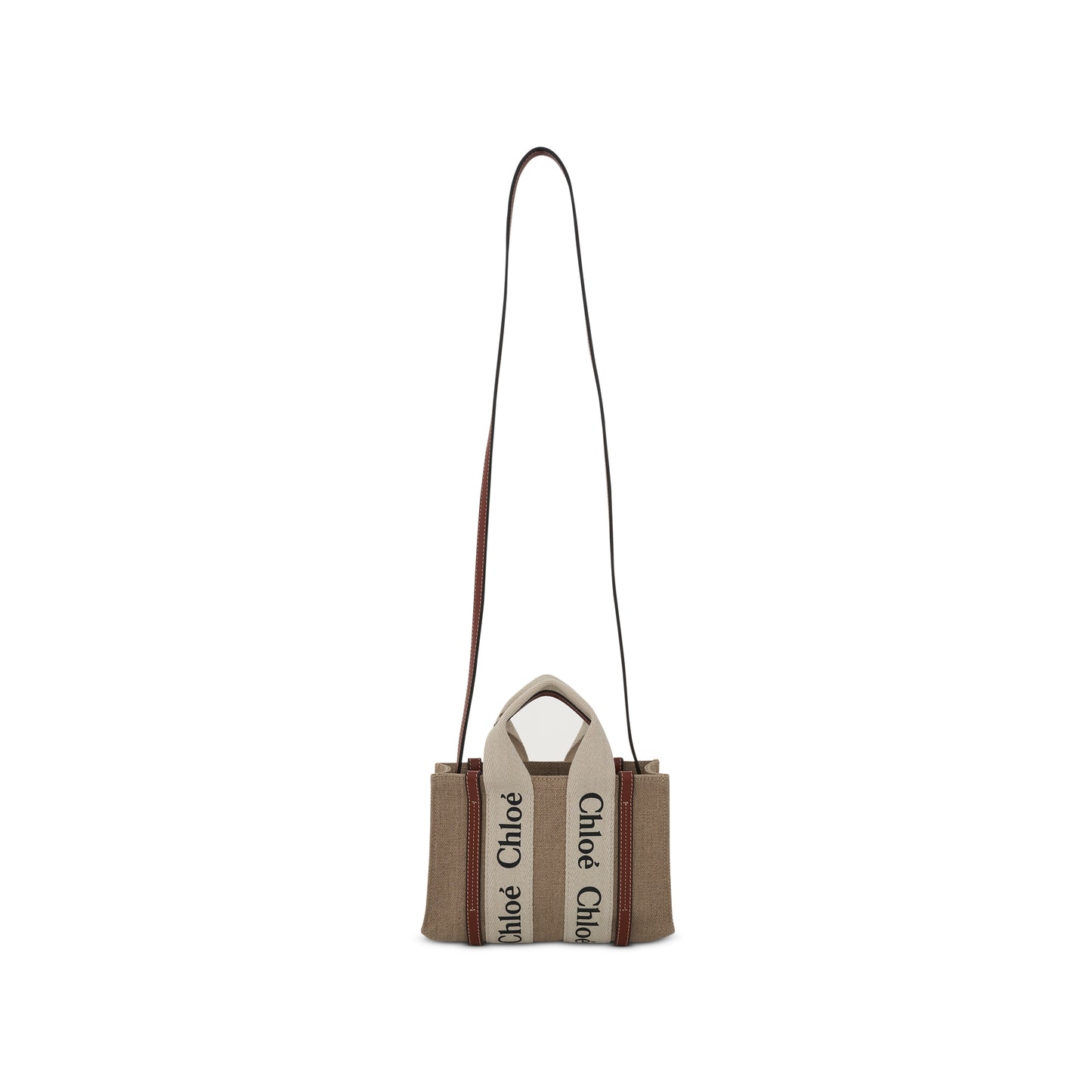 Mini Woody Tote Bag with Strap in White/Brown