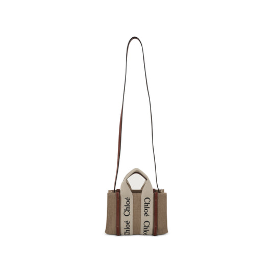 Mini Woody Tote Bag with Strap in White/Brown