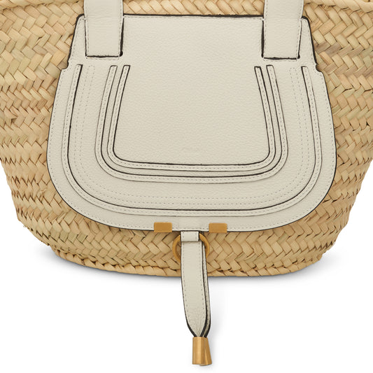 Medium Marcie Basket Bag in Raffia & Calfskin in White