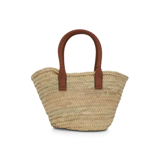 Medium Marcie Basket Bag in Raffia & Calfskin in Tan