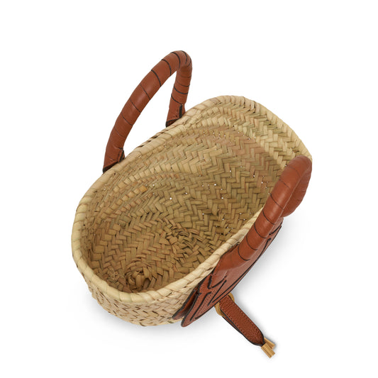 Small Marcie Basket Bag in Raffia Embellished Calfskin in Tan