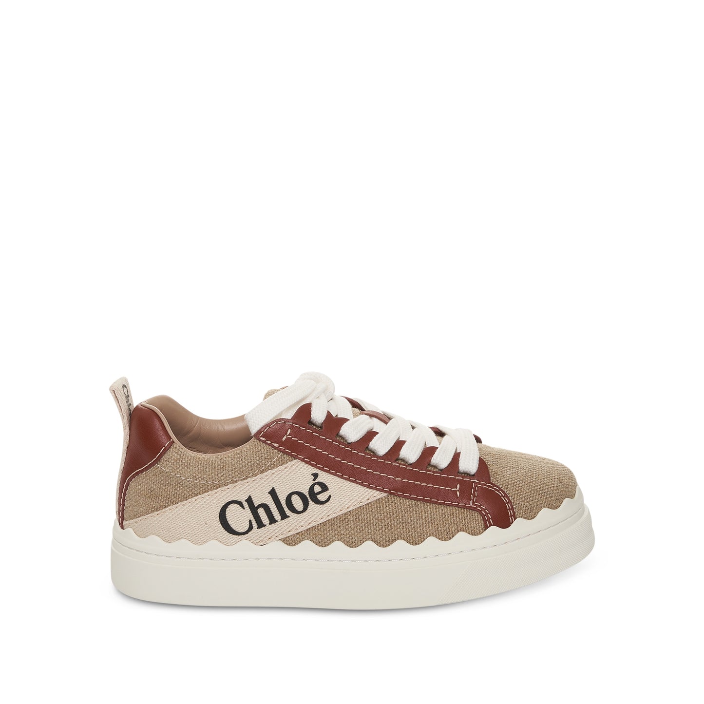 Lauren Sneaker in Linen and Calfskin in White/Brown