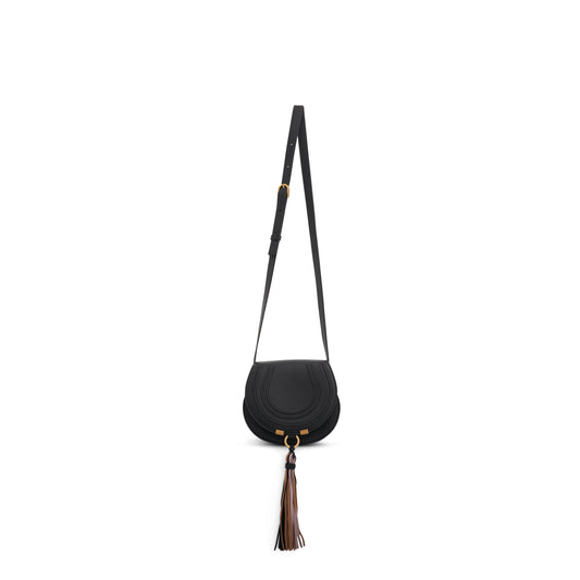 Small Marcie Saddle Bag with Suede & Nappa Tassel in Black