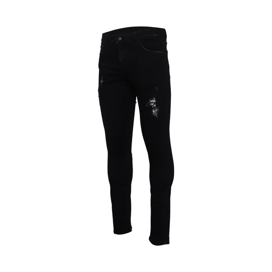 Cross Distress Stone Slim Jeans in Black