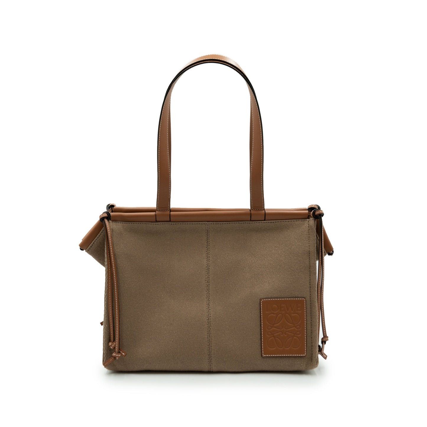 Small Cushion Tote Bag in Canvas and Calfskin in Taupe
