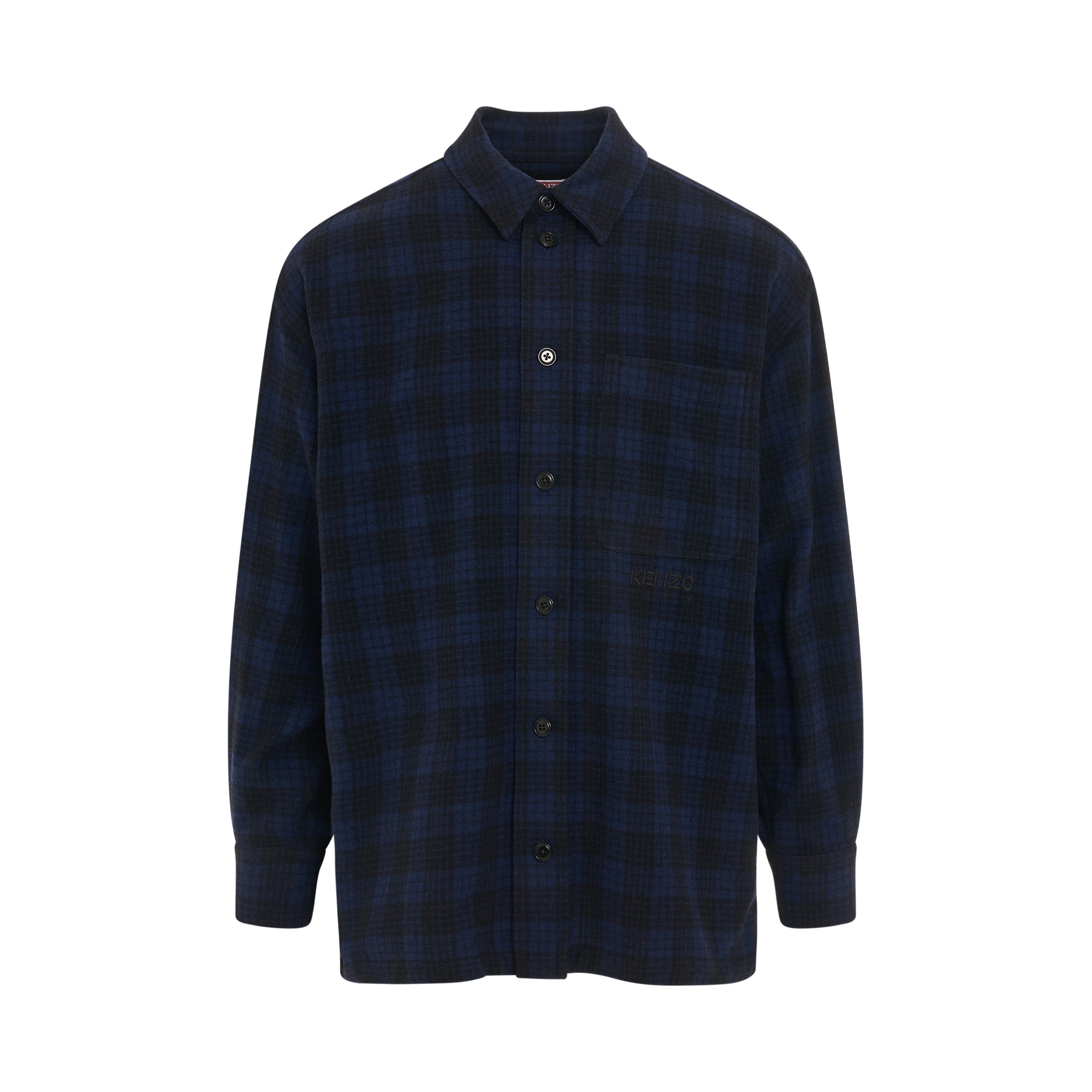 Woven Checked Wool Overshirt in Midnight Blue