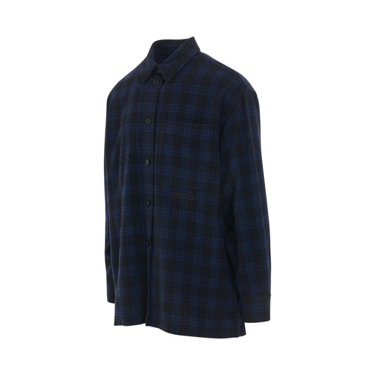 Woven Checked Wool Overshirt in Midnight Blue