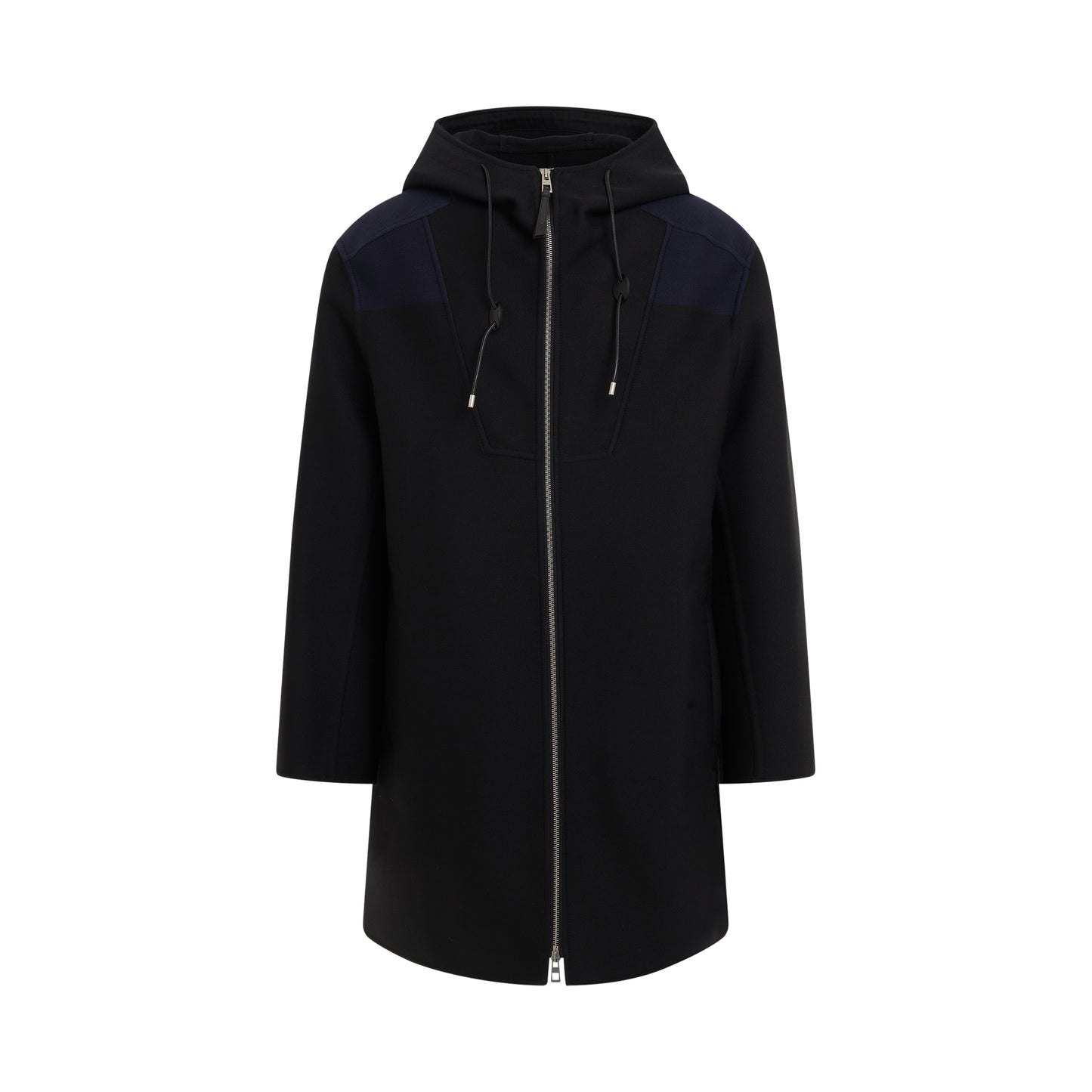 Hooded Anagram Coat in Black/Navy Blue