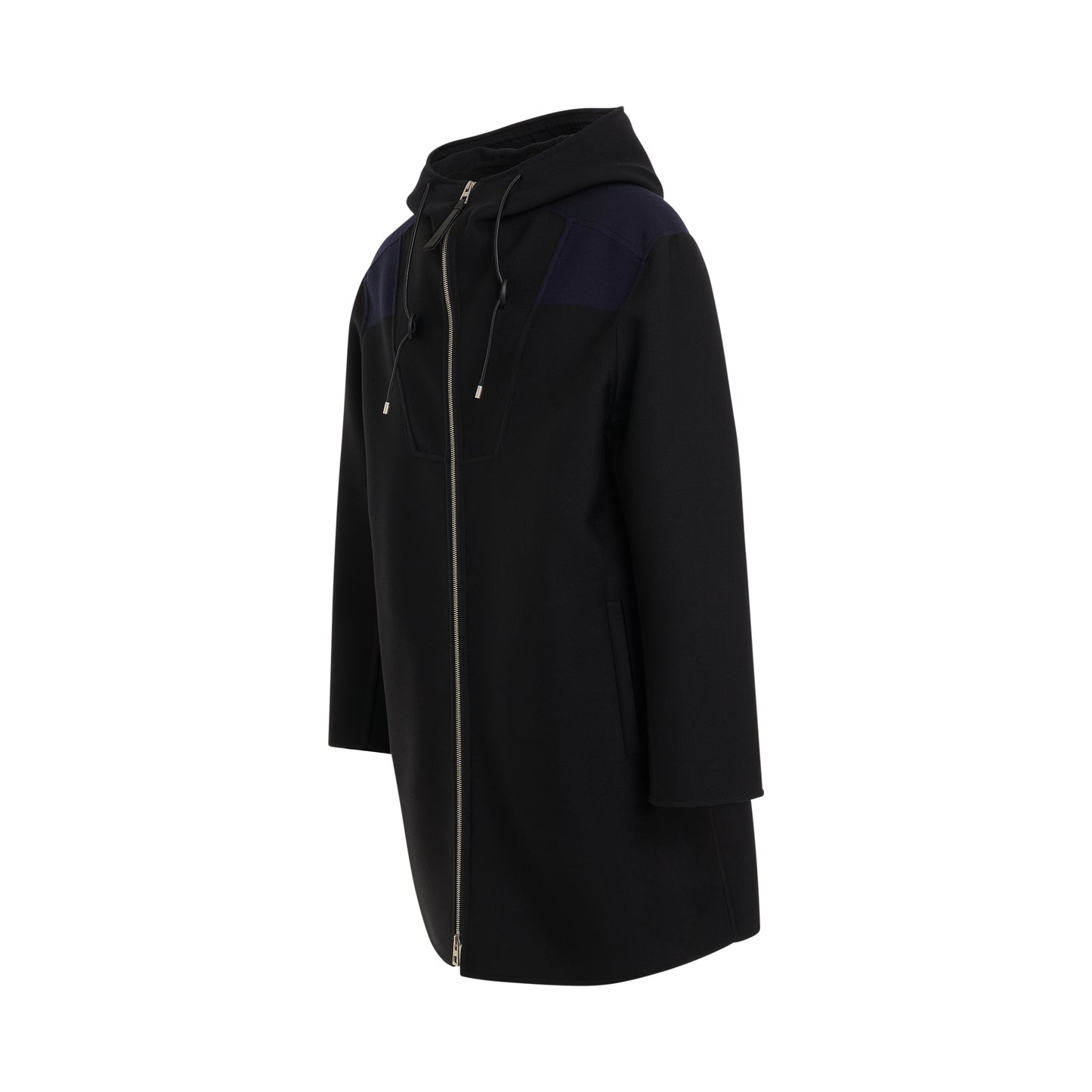 Hooded Anagram Coat in Black/Navy Blue