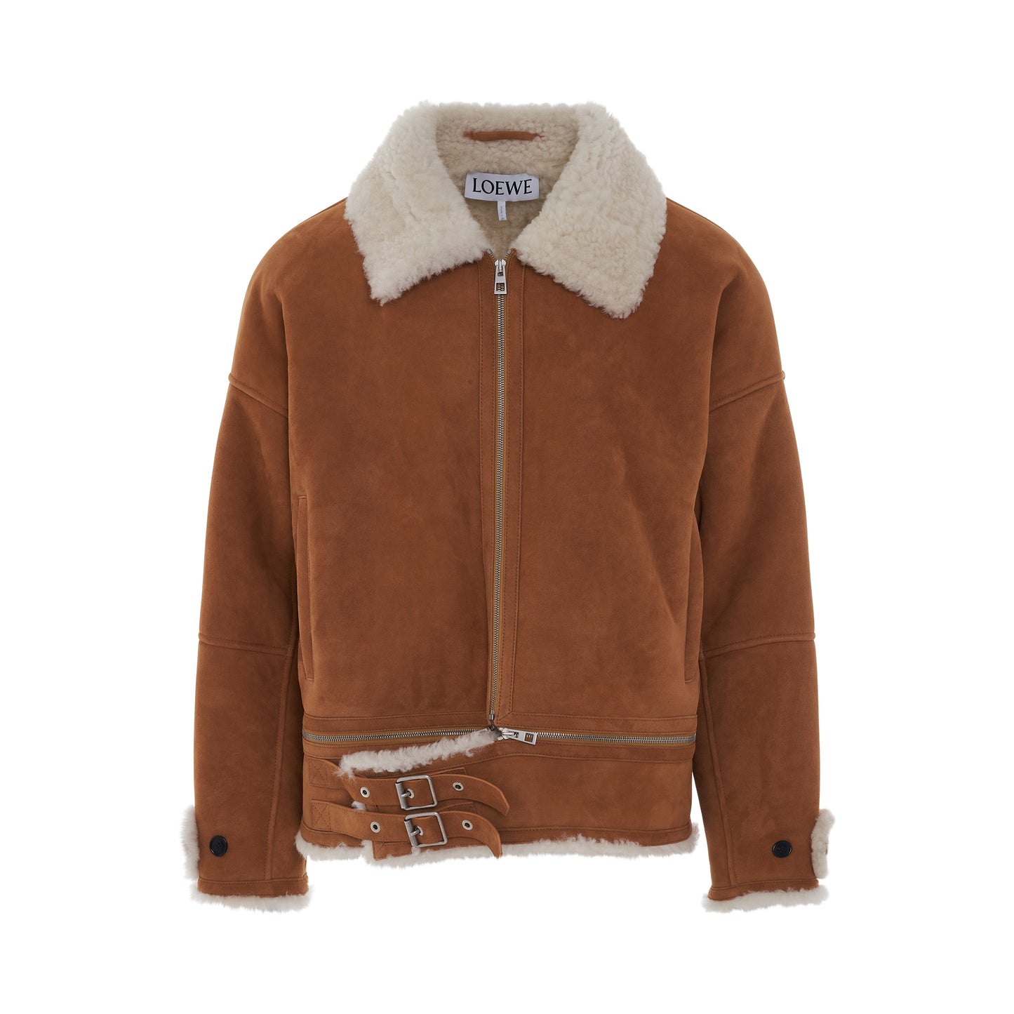 Shearling Zipped Jacket in White/Camel
