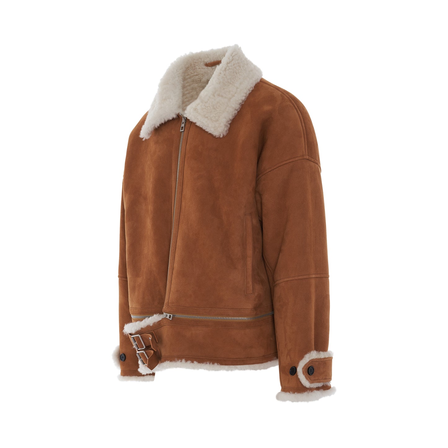 Shearling Zipped Jacket in White/Camel