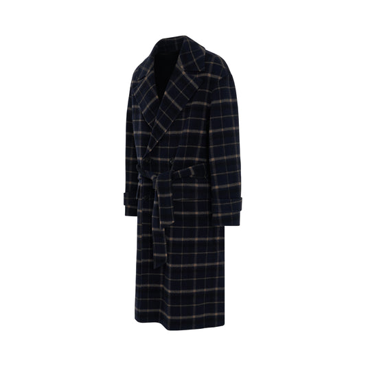 Check Wool Coat in Navy