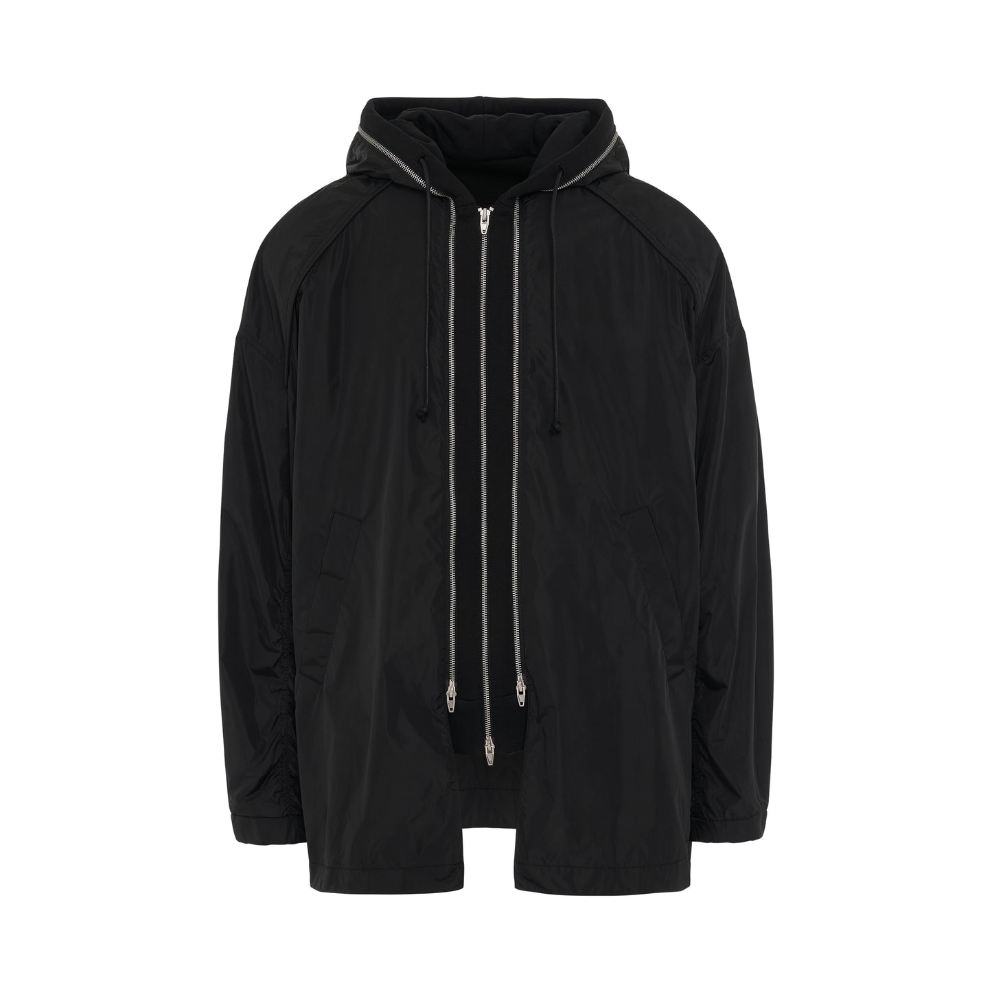 Layered Hood Bench Jacket in Black