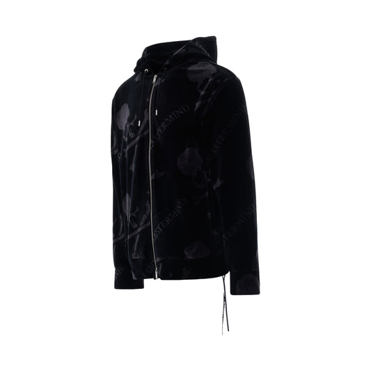 Velour Allover Logo Hooded Jacket in Black