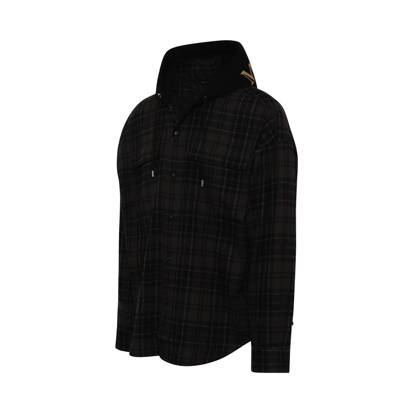 Hooded Plaid Emboidered Logo Shirt in Grey