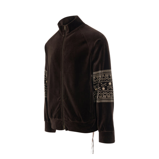 Tribal Skull Velour Track Jacket in Brown