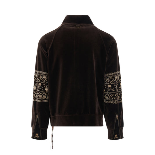 Tribal Skull Velour Track Jacket in Brown