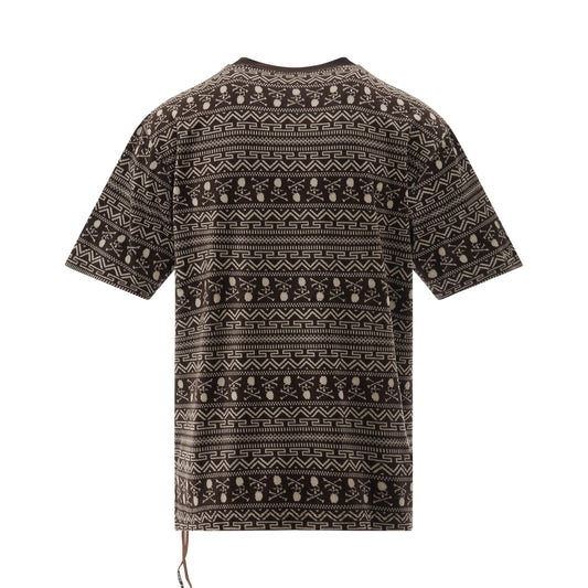 Allover Tribal Skull Velour T-Shirt in Brown