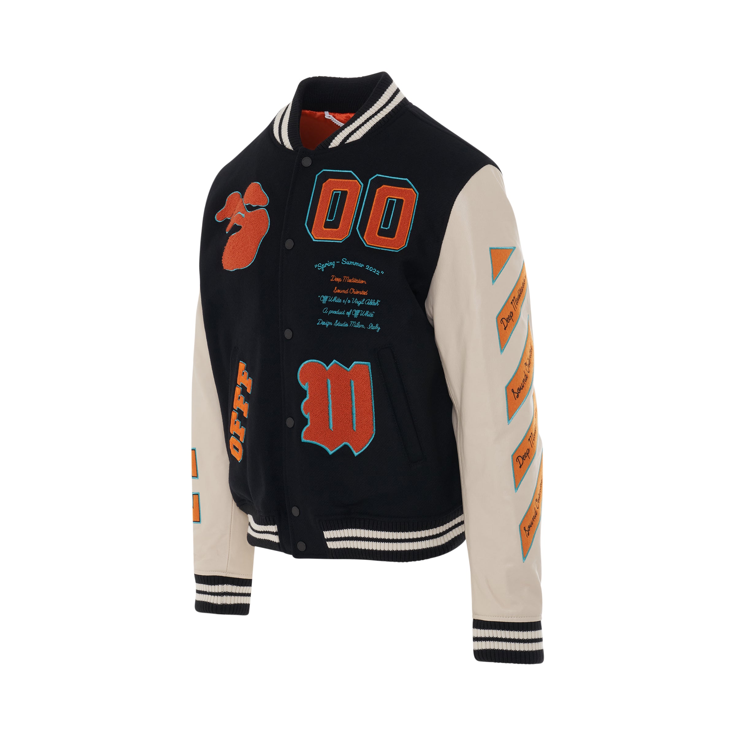 OFF-WHITE GRAPHICS LEATHER VARSITY JACKET Black Orange