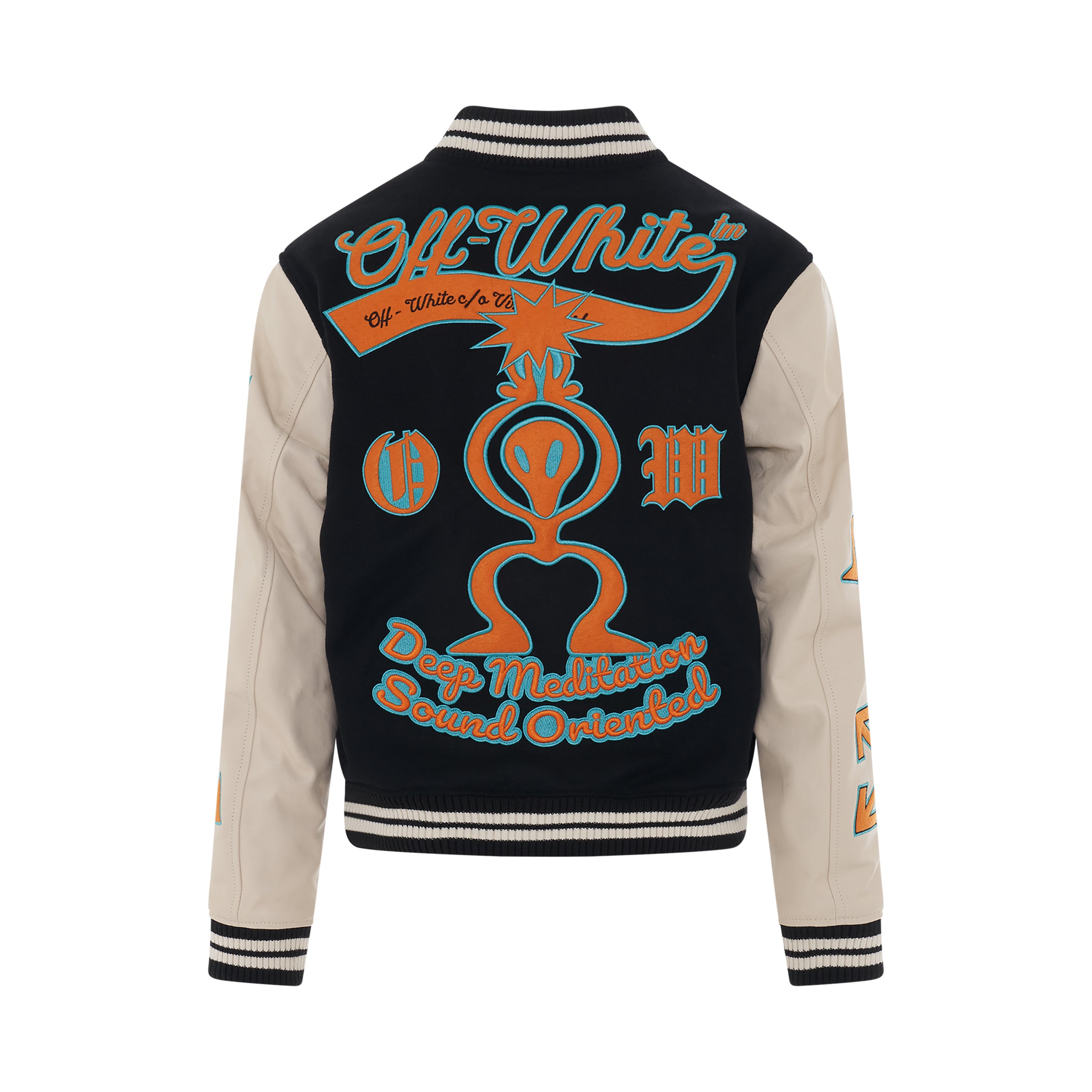 OFF-WHITE GRAPHICS LEATHER VARSITY JACKET Black Orange