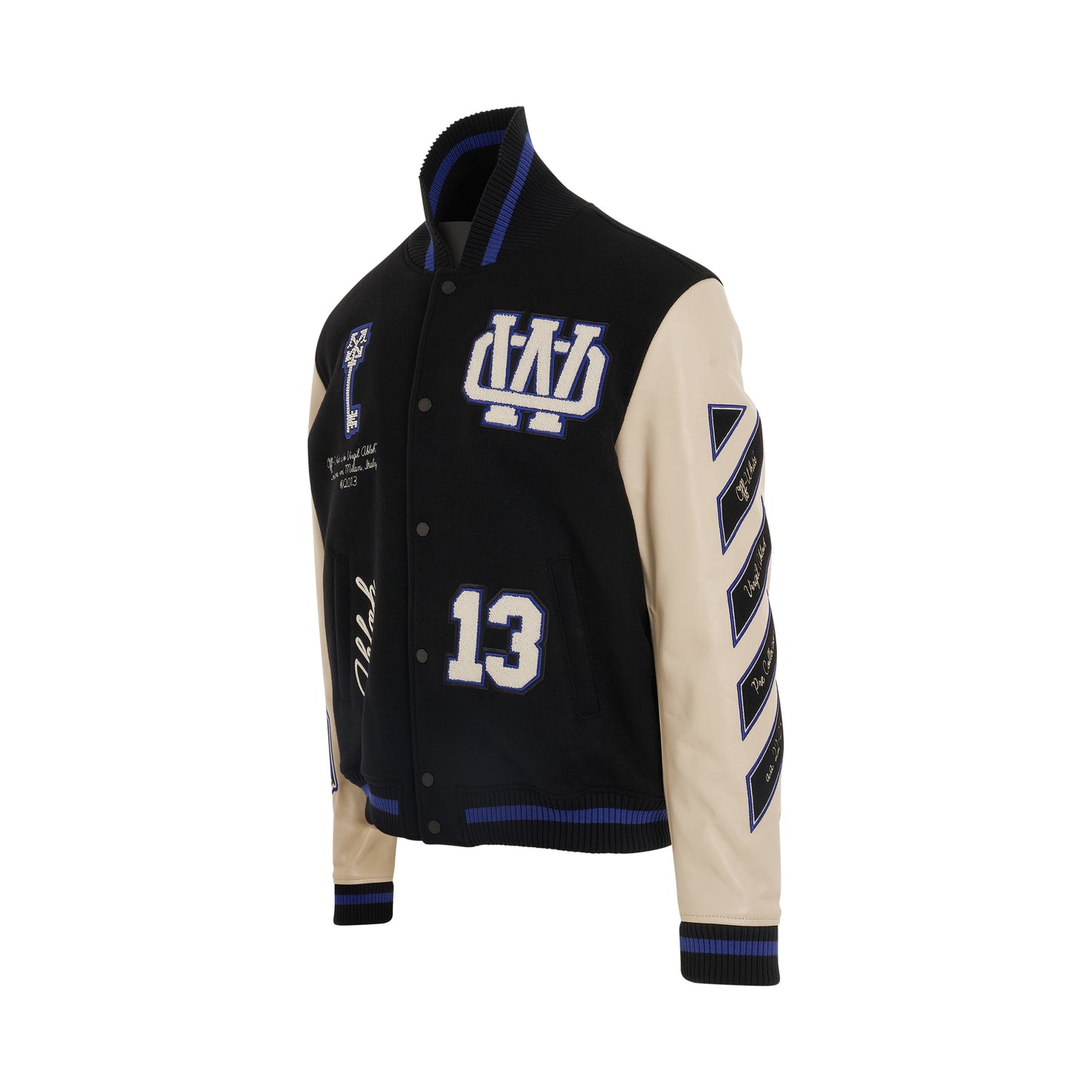 Embroidered Graphics Leather Varsity in Black/Blue