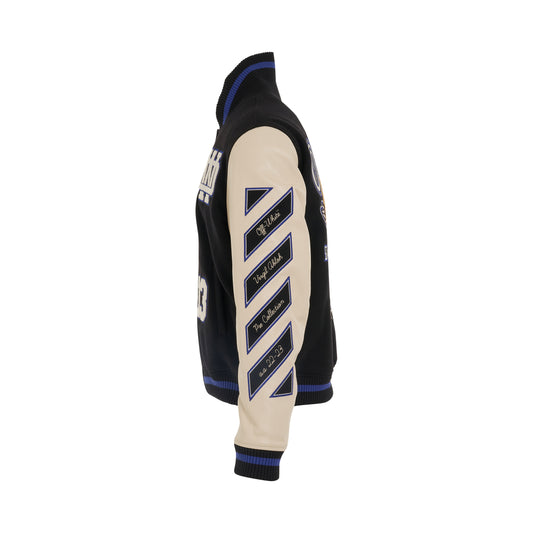 Embroidered Graphics Leather Varsity in Black/Blue